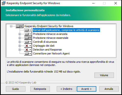 Finestra del programma di installazione con un elenco di componenti selezionabili dall'utente.