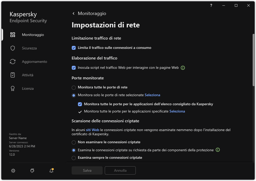 Finestra delle impostazioni di rete dell'applicazione.