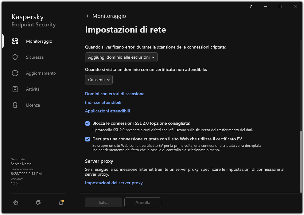 Finestra delle impostazioni di rete dell'applicazione.