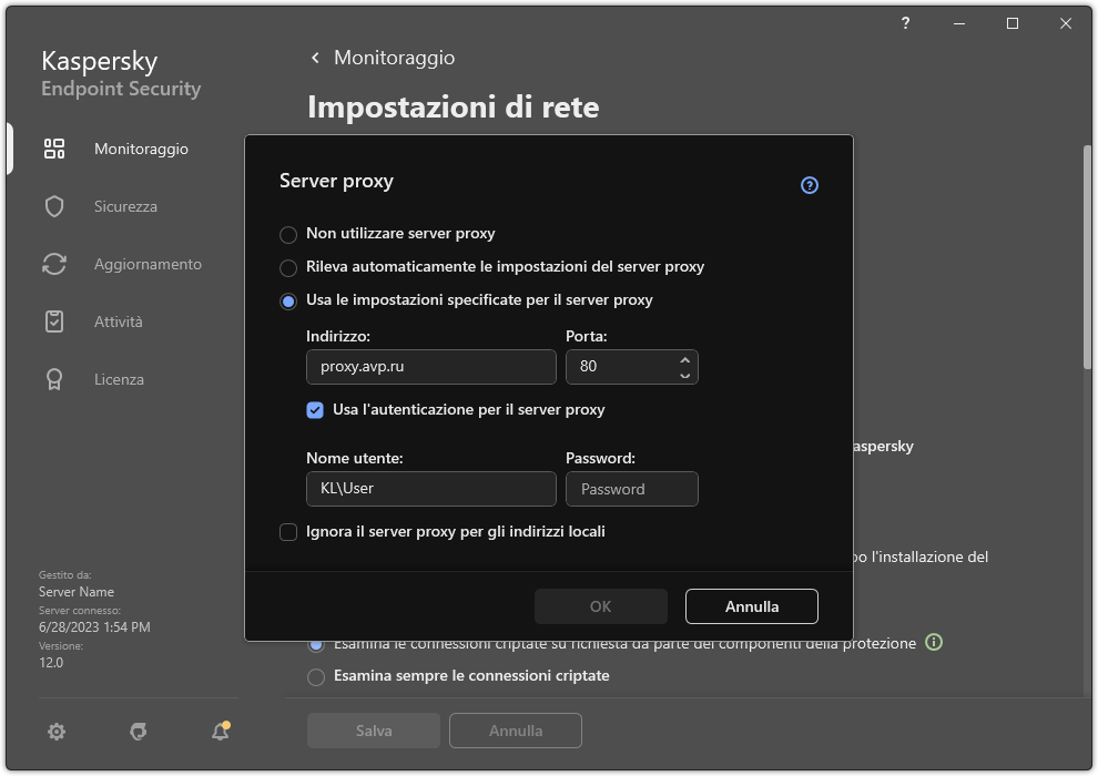 La finestra per la configurazione della connessione al server proxy. L'utente può impostare l'indirizzo del server proxy e le credenziali per la connessione al server proxy.