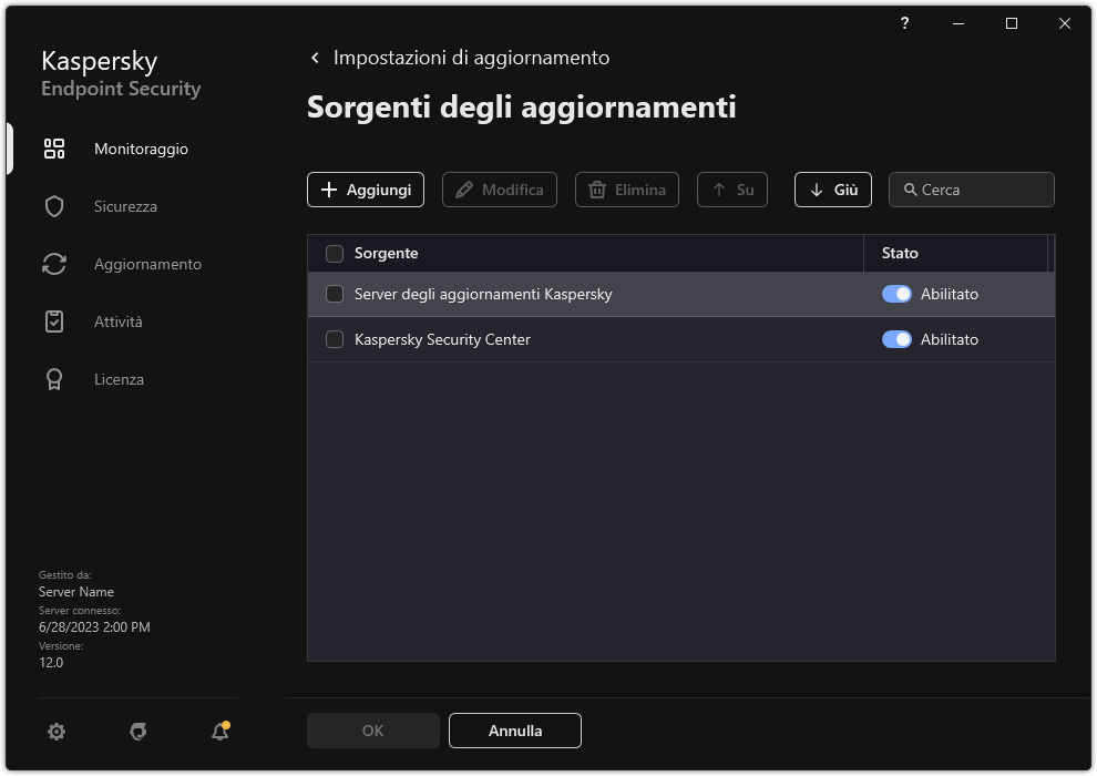 Una finestra con l'elenco delle sorgenti degli aggiornamenti. L'utente può aggiungere sorgenti degli aggiornamenti e assegnare una priorità alla sorgente.