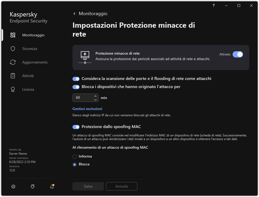 Finestra Impostazioni di Protezione minacce di Rete