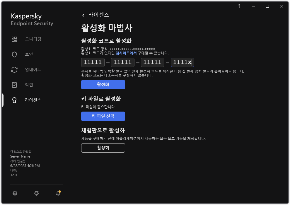 애플리케이션 활성화 도구가 있는 창. 활성화 코드를 입력하거나 키 파일을 선택할 수 있습니다.