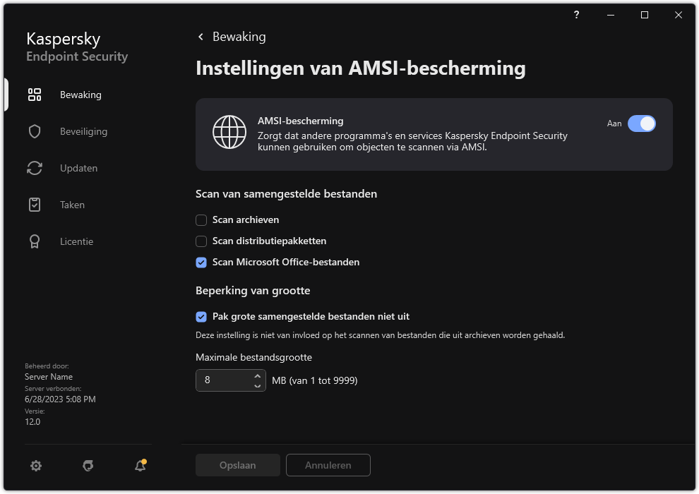 Venster voor instellingen van AMSI-bescherming