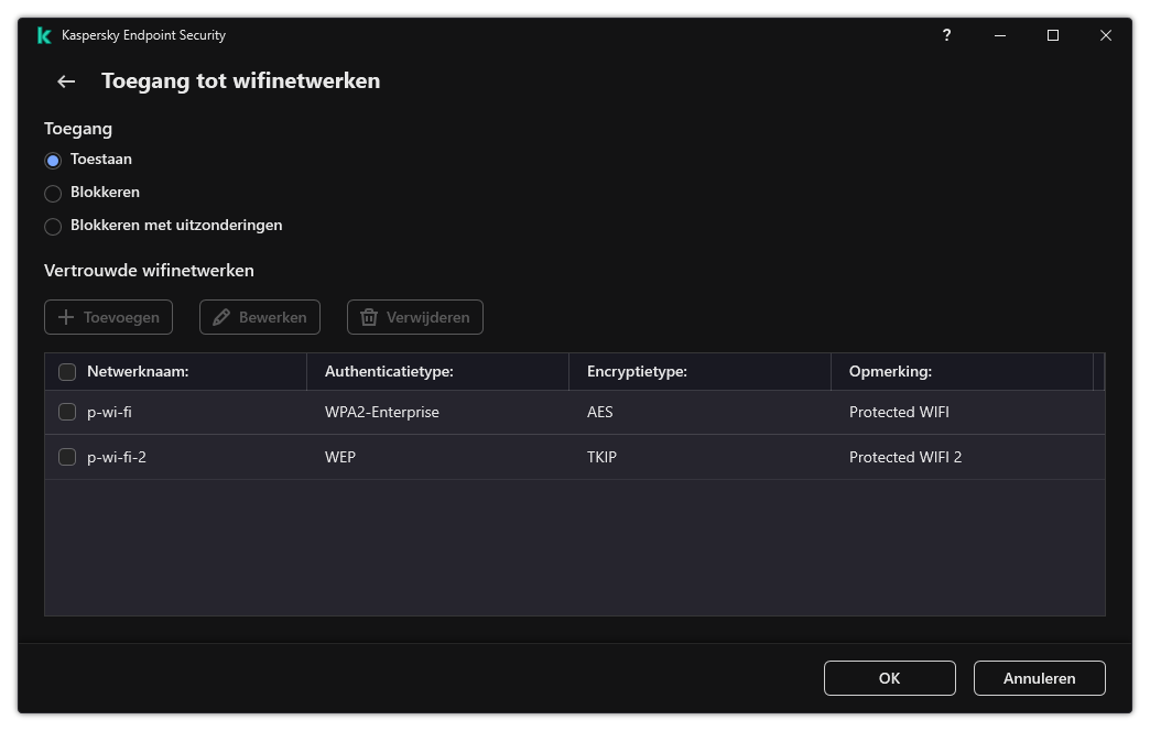 Venster met een lijst met wifinetwerken. De gebruiker kan de toegang tot alle Wi-Fi-netwerken configureren en vertrouwde wifinetwerken toevoegen.