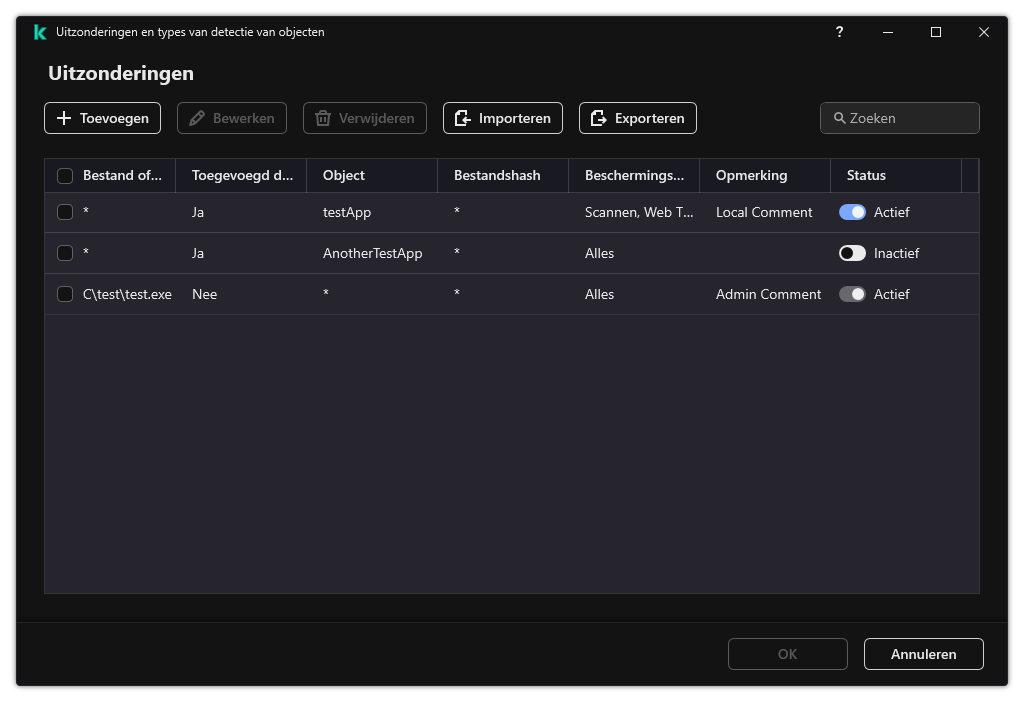 Een venster met de lijst met uitzonderingen. Uitzonderingseigenschappen worden weergegeven. De gebruiker kan uitzonderingen toevoegen, bewerken of verwijderen.