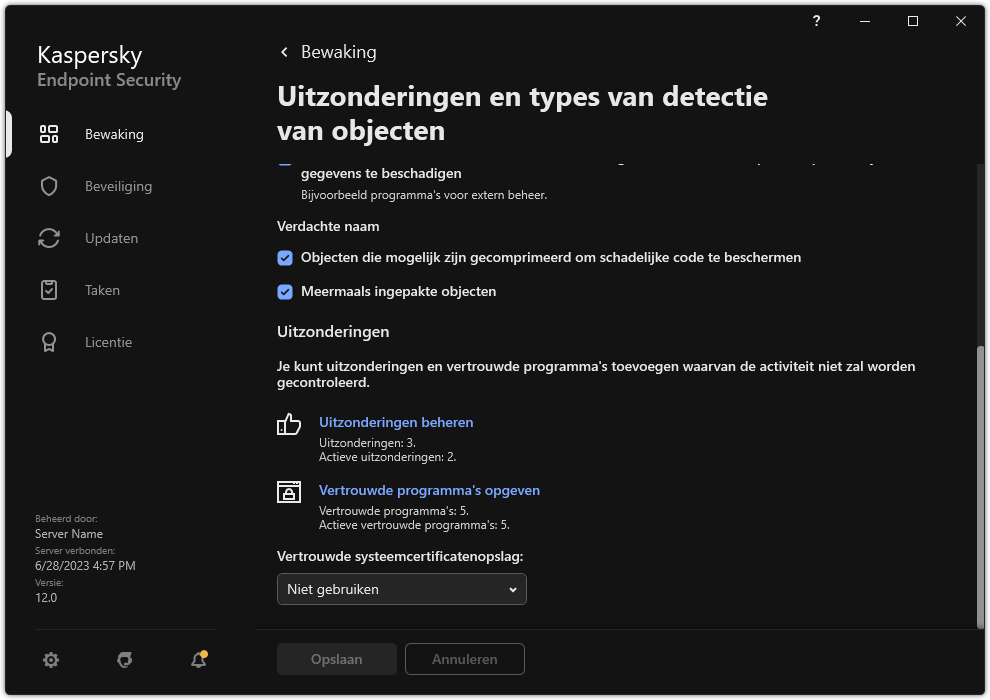 Venster instellingen voor uitzonderingen. De gebruiker kan uitsluitingen en vertrouwde programma's toevoegen.