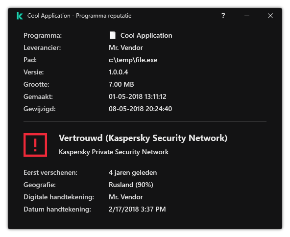 Het venster bevat informatie over de bestandsreputatie en andere gegevens, zoals de aanwezigheid van een digitale handtekening.
