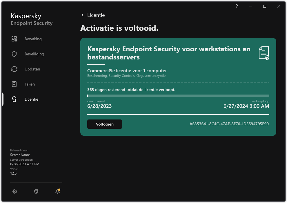 Het venster bevat informatie over de licentie: vervaldatum, beschikbare functies en andere informatie.