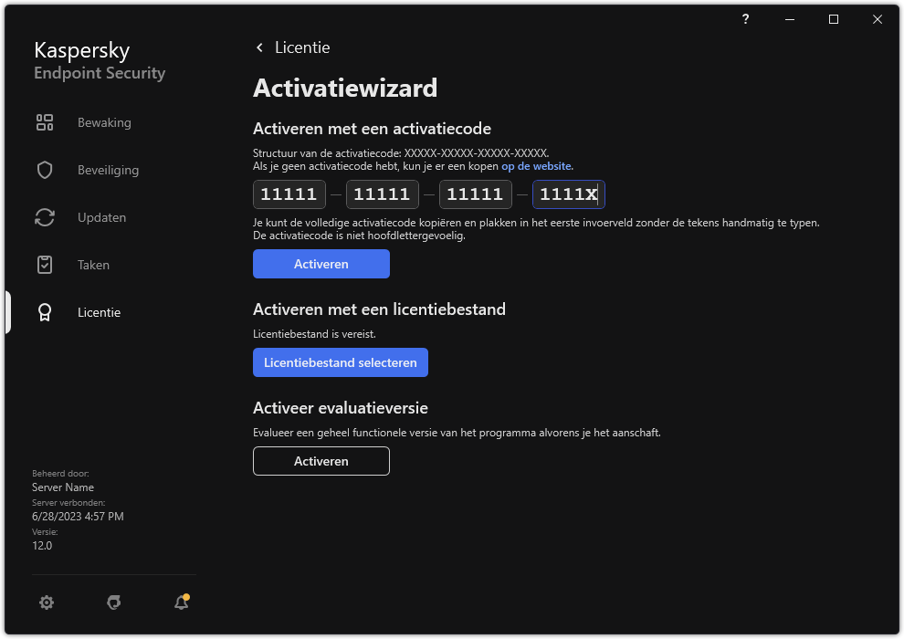 Venster met de hulpprogramma's voor het activeren van het programma. De gebruiker kan een activatiecode invoeren of een licentiebestand selecteren.