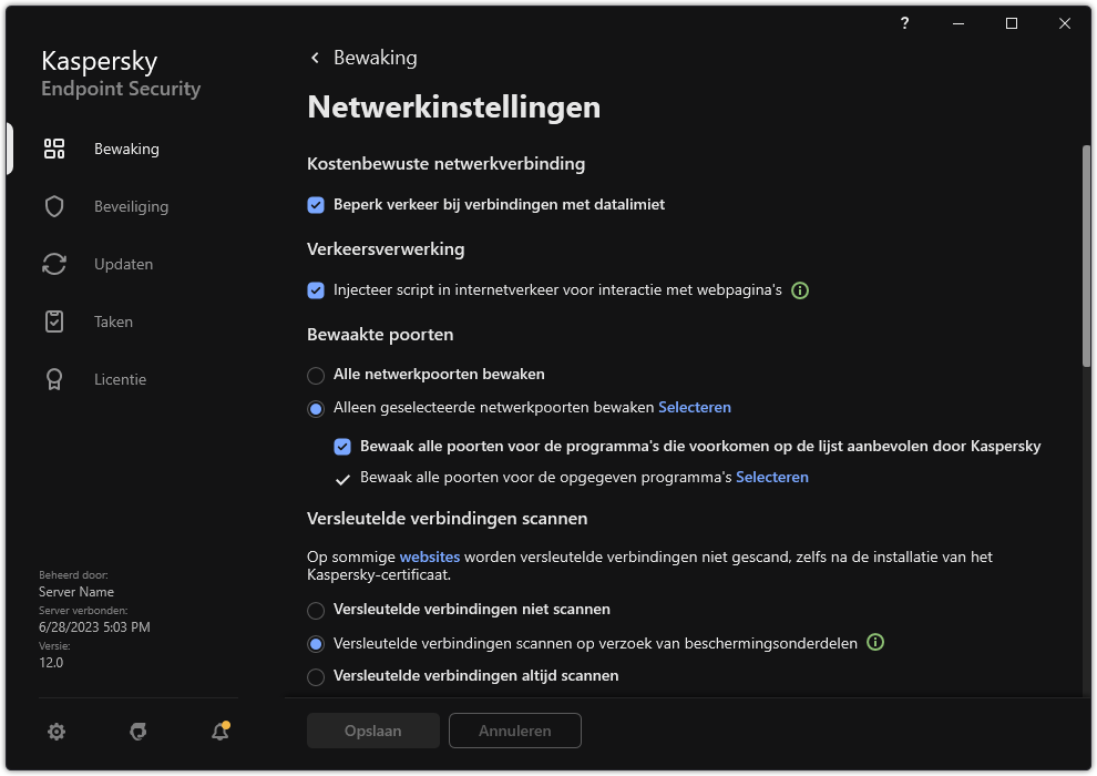 Venster met netwerkinstellingen van het programma.