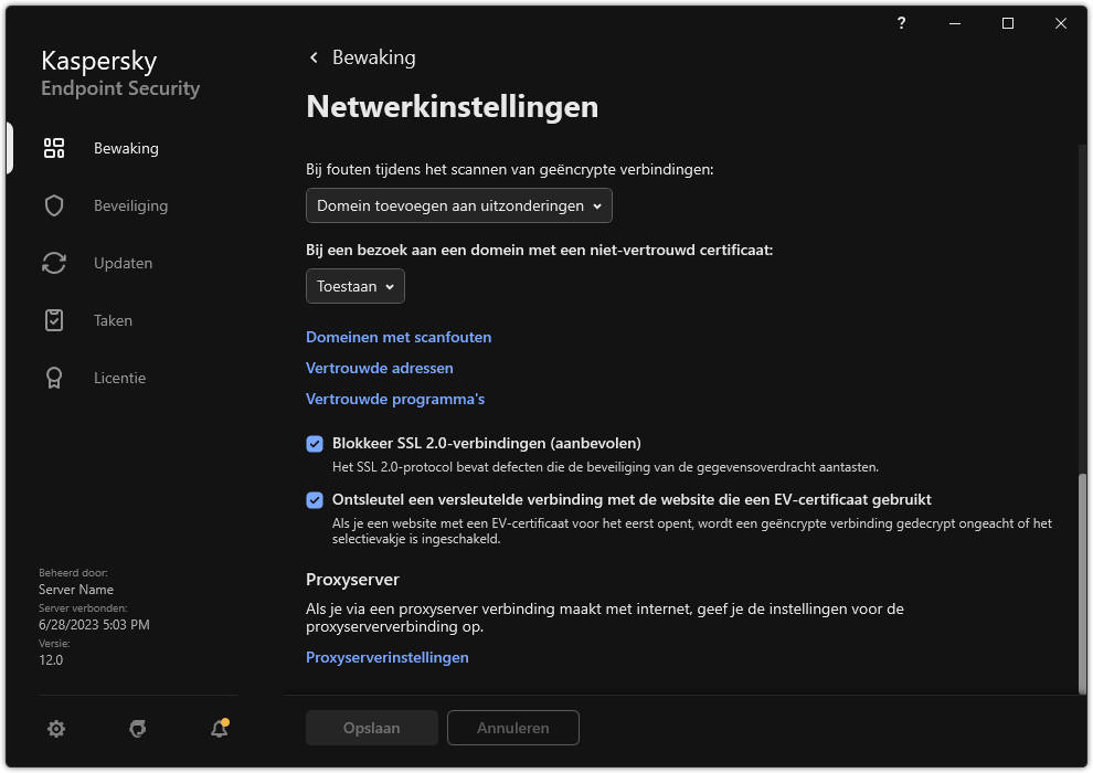 Venster met netwerkinstellingen van het programma.