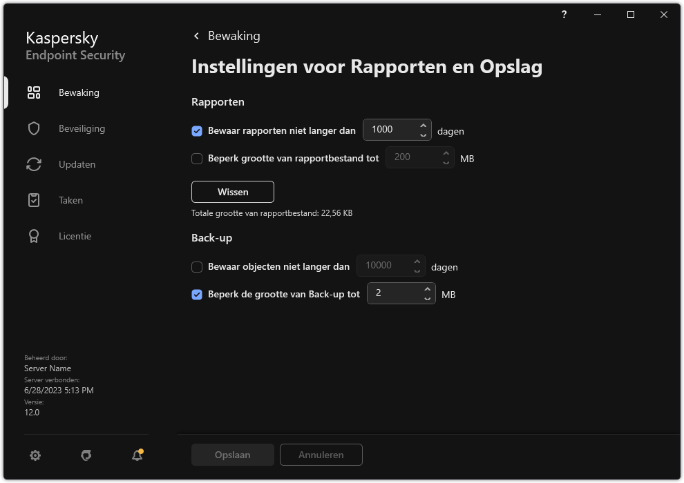 Venster Rapporten en opslaginstellingen. De gebruiker kan de grootte instellen en de opslagtijd beperken van rapporten en objecten in de opslagplaats.
