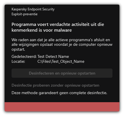 Melding van malwaredetectie. De gebruiker kan desinfectie uitvoeren met of zonder de computer opnieuw op te starten.