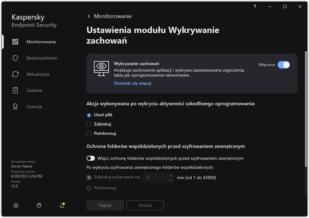 Okno Ustawienia modułu Wykrywanie zachowań.