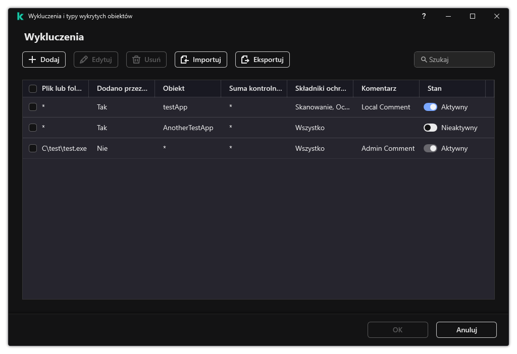 Okno z listą wykluczeń. Wyświetlane są właściwości wykluczenia. Użytkownik może dodawać, edytować lub usuwać wykluczenia.