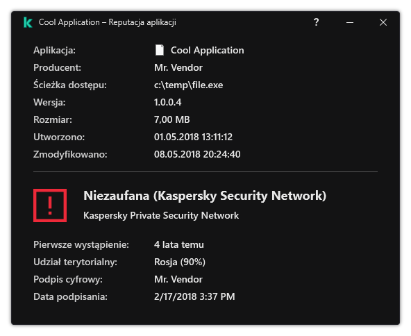 Okno zawiera informacje o reputacji pliku oraz inne dane, takie jak obecność podpisu cyfrowego.