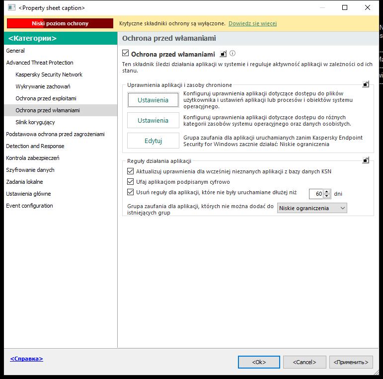 Okno ustawień modułu Ochrona przed włamaniami.