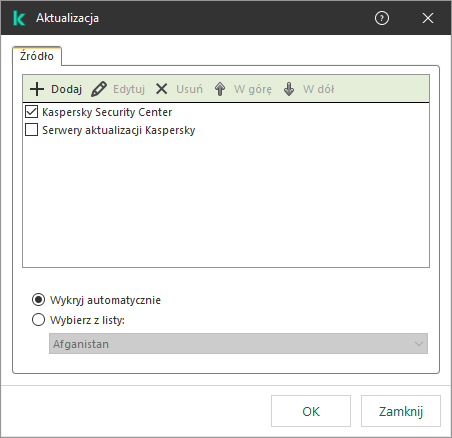 Okno z listą źródeł aktualizacji. Użytkownik może dodawać źródła aktualizacji i przypisywać im priorytet.