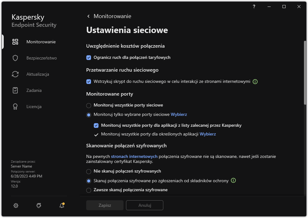 Okno ustawień sieciowych aplikacji.