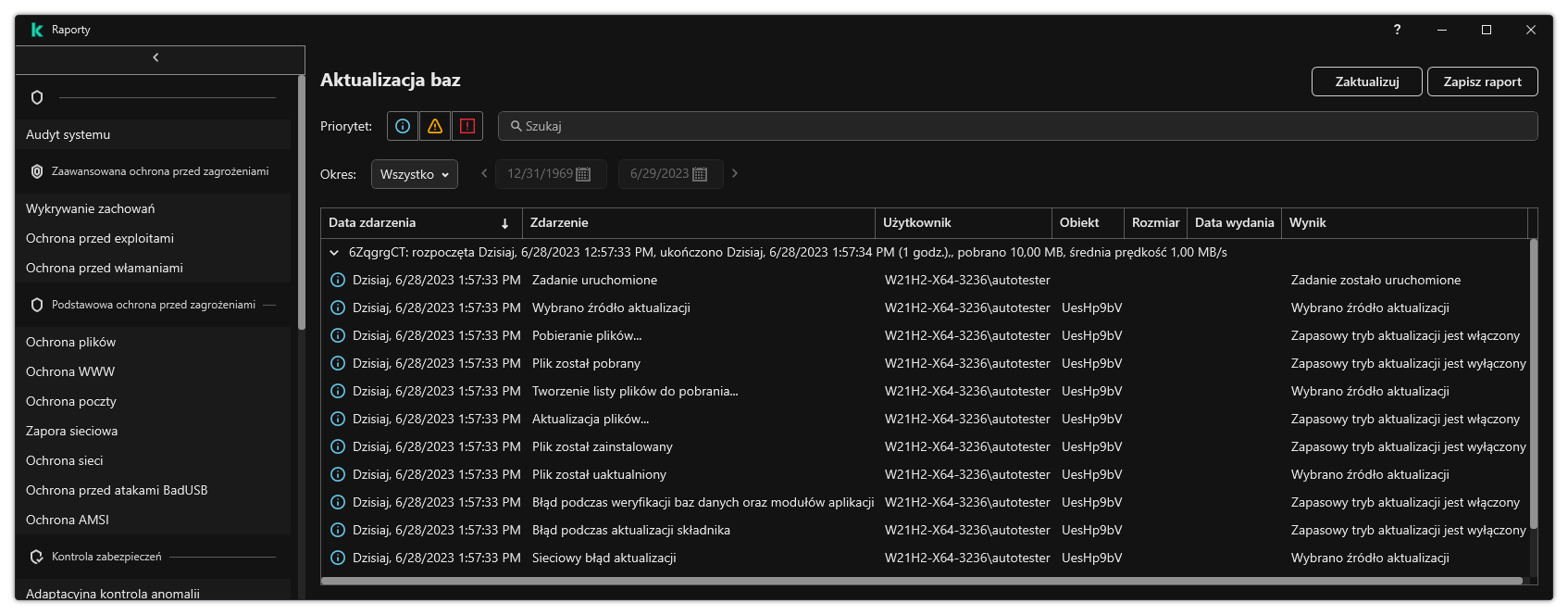 Okno z listą zdarzeń w raporcie. Użytkownik ma możliwość filtrowania/sortowania zdarzeń oraz zapisywania raportów do pliku.