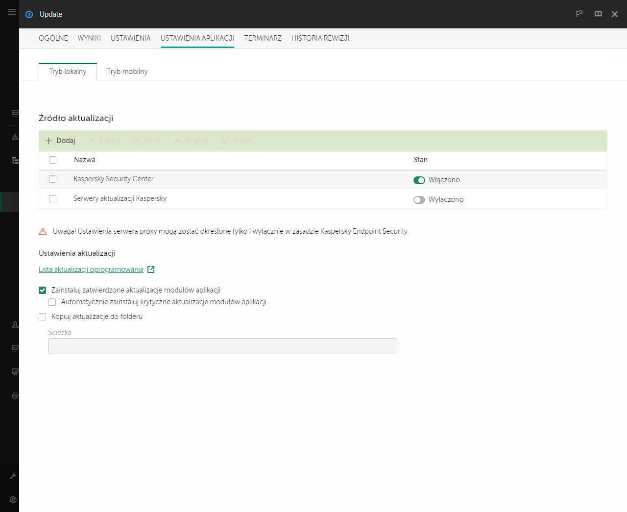 Okno z listą źródeł aktualizacji. Użytkownik może dodawać źródła aktualizacji i przypisywać im priorytet.