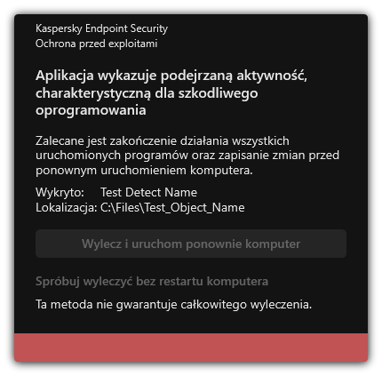 Powiadomienie o wykryciu złośliwego oprogramowania. Użytkownik może przeprowadzić leczenie z ponownym uruchomieniem komputera lub bez niego.
