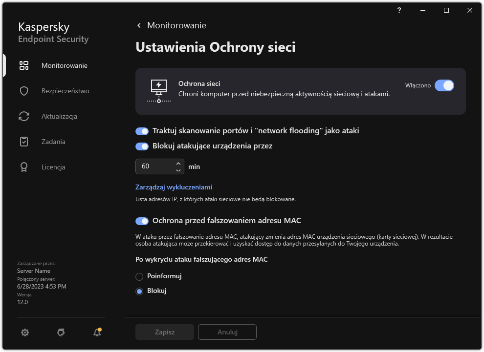 Okno ustawień Ochrony sieci