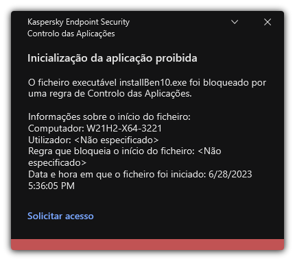 Notificação sobre a inicialização da aplicação bloqueada. O utilizador pode criar um pedido para iniciar a aplicação.