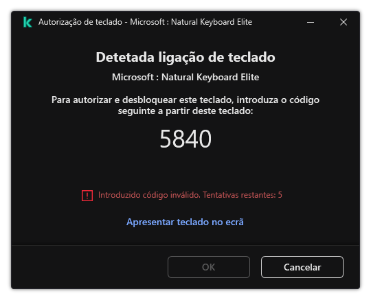 A janela com o código de autorização do teclado. O utilizador pode ativar o teclado no ecrã e inserir o código.