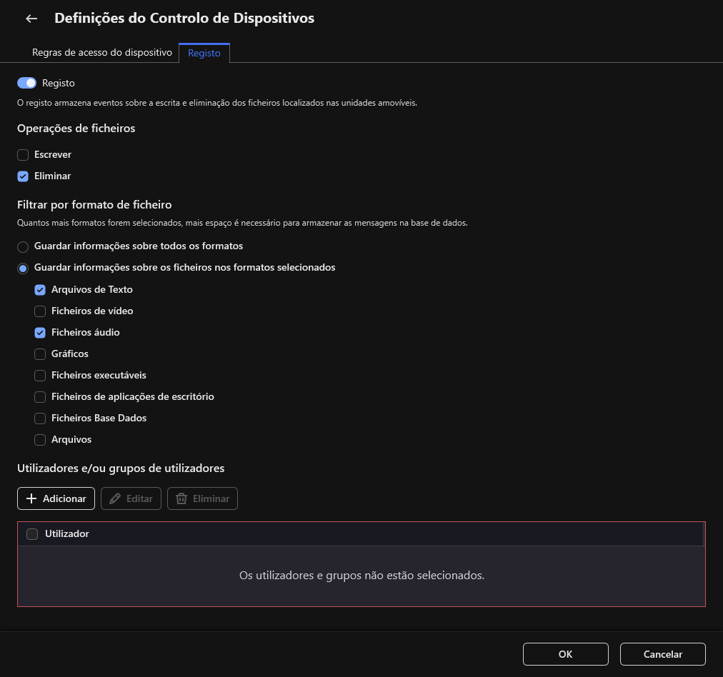 A janela para configurar o registo de eventos sobre o uso de unidades amovíveis. O utilizador pode selecionar os eventos a serem registados.