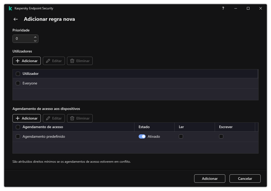 Janela de configuração da regra de Controlo de Dispositivos. O utilizador pode atribuir a prioridade da regra, adicionar utilizadores à regra e definir o agendamento de regras.