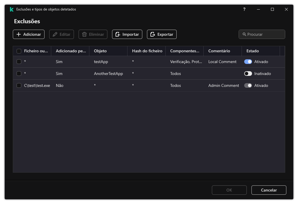 Uma janela com a lista de exclusões. As propriedades de exclusão são exibidas. O utilizador pode adicionar, editar ou eliminar exclusões.