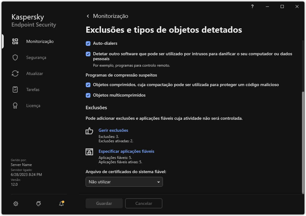 Janela de definições de exclusão. O utilizador pode adicionar exclusões e aplicações fiáveis.