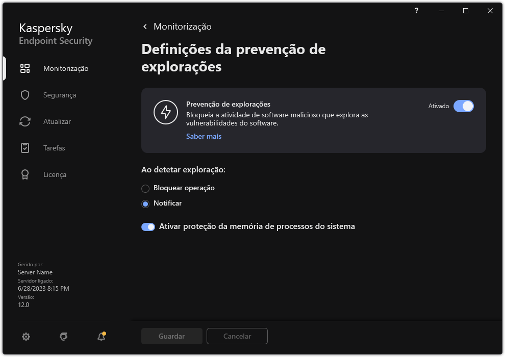 Janela das Definições da prevenção de explorações