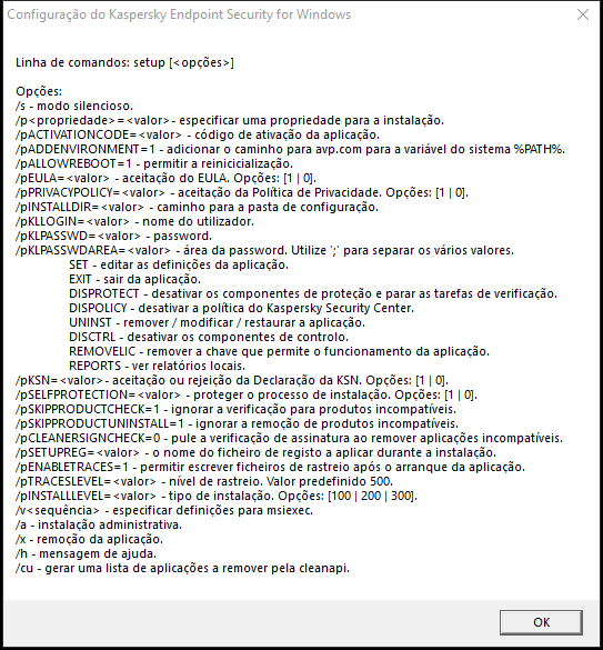 Janela a descrever as opções de comando para instalar a aplicação via CMD.