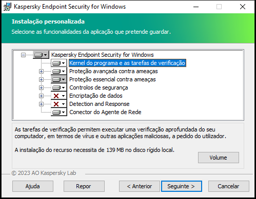 Janela de instalação com uma lista de componentes que um utilizador pode selecionar.