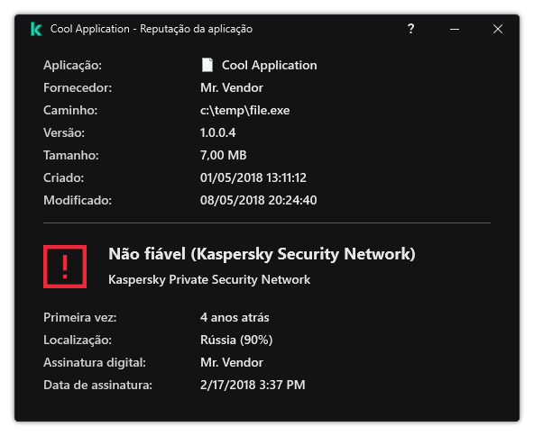 A janela contém informações sobre a reputação do ficheiro e outros dados, como a presença de uma assinatura digital.