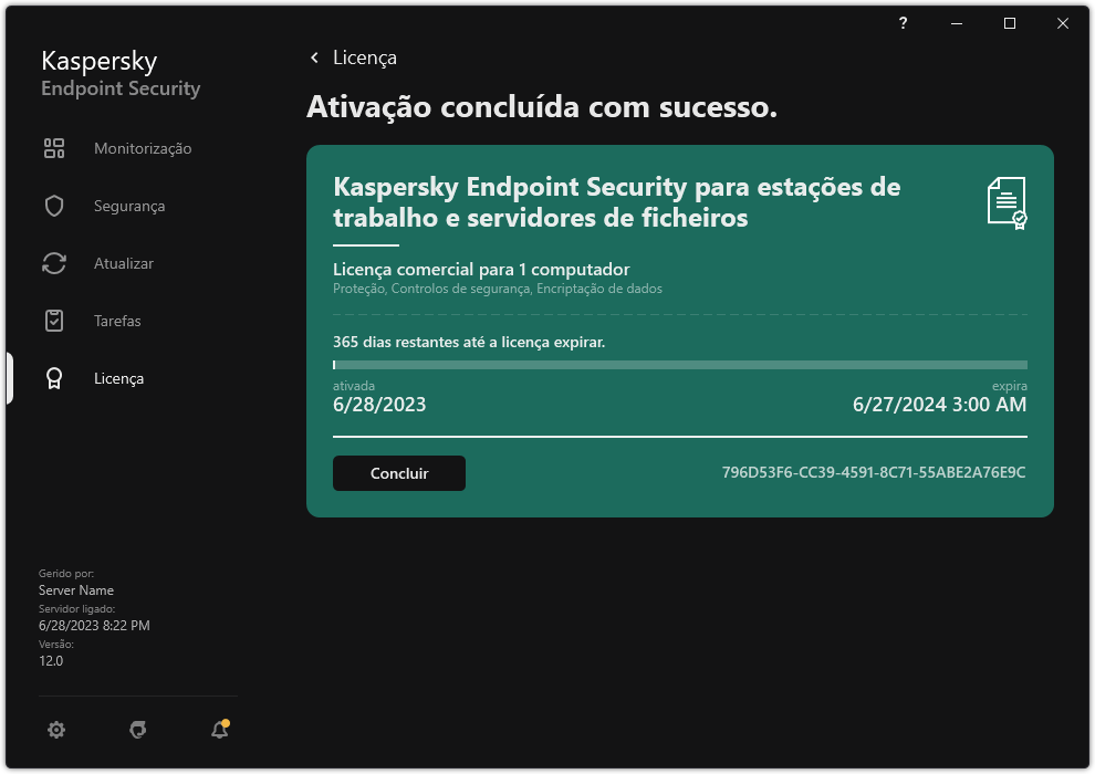 A janela contém informações sobre a licença: data de validade, funções disponíveis e outras informações.