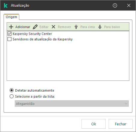 Uma janela com a lista das origens de atualização. O utilizador pode adicionar origens de atualização e atribuir uma prioridade à origem.