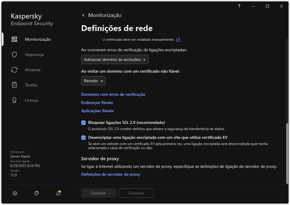 Janela de definições de rede da aplicação.