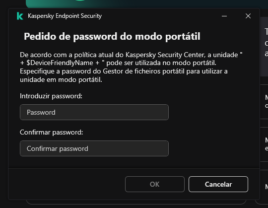 A janela contém campos para inserir e confirmar a password.