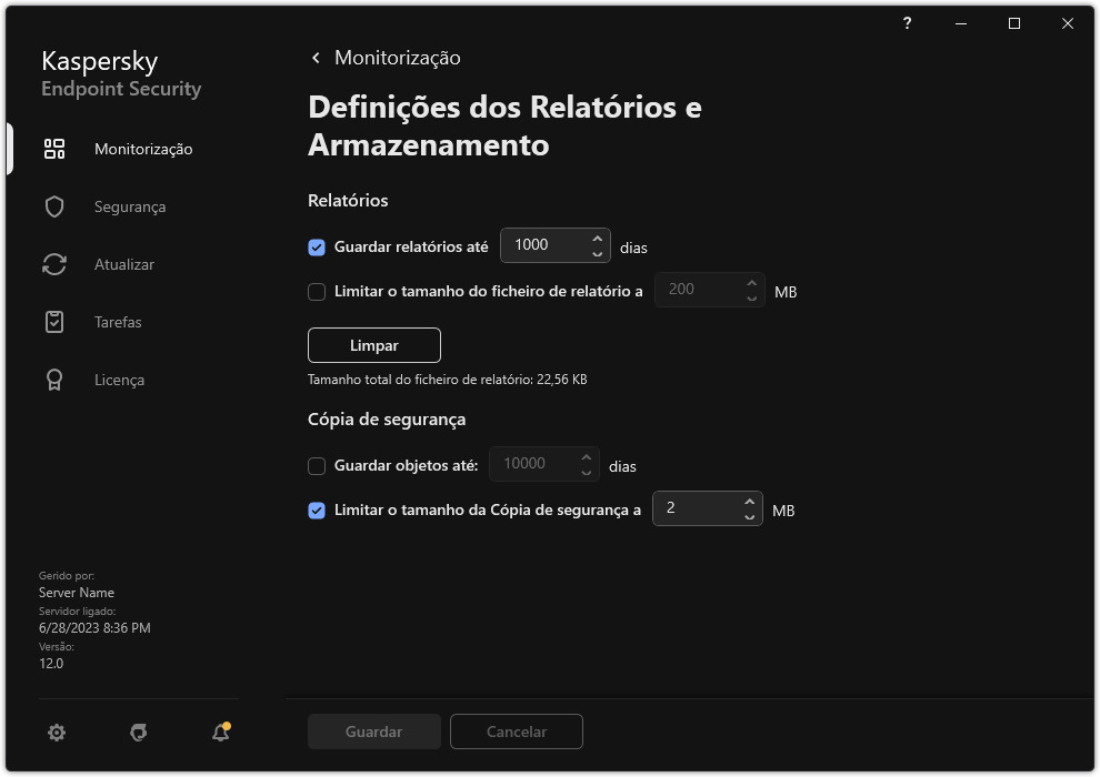 Janela de definições de Relatórios e Armazenamento. O utilizador pode definir o tamanho e limitar o tempo de armazenamento de relatórios e objetos no repositório.