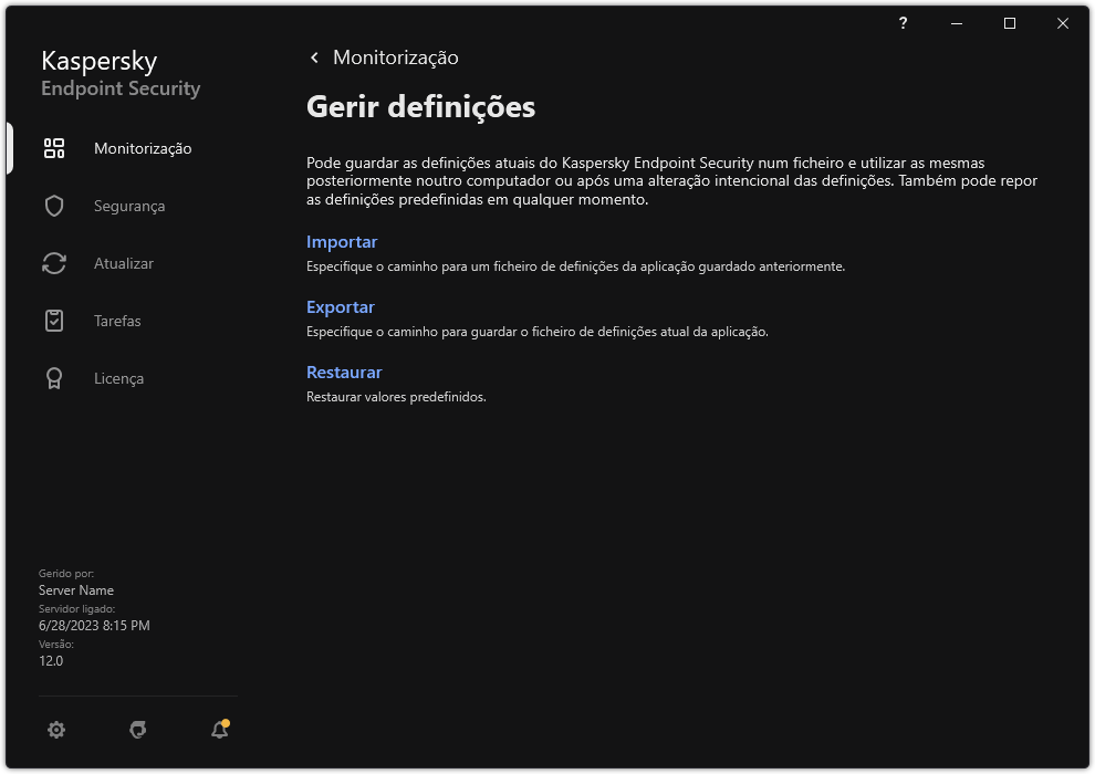 Janela de definições de exclusão. O utilizador pode exportar, importar ou restaurar as definições da aplicação.