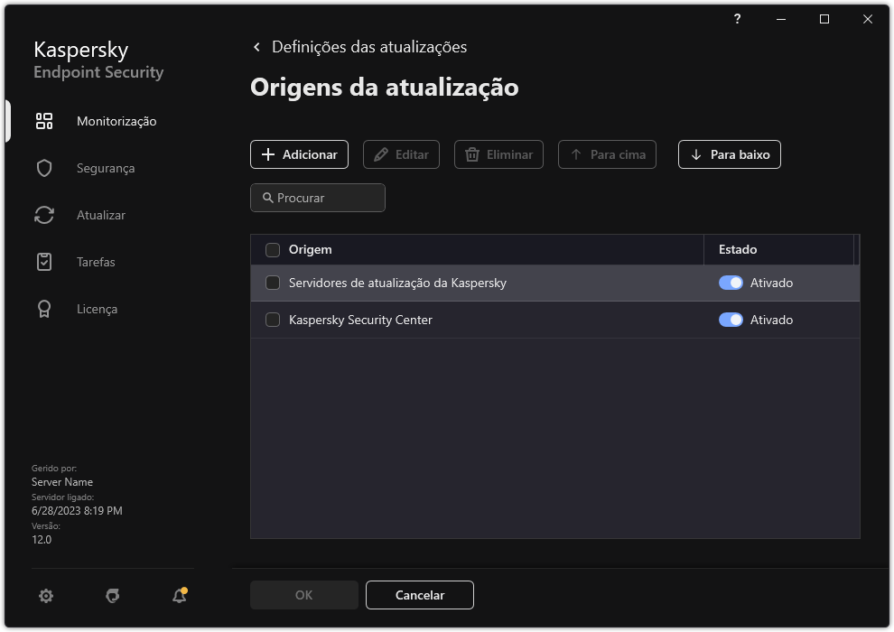 Uma janela com a lista das origens de atualização. O utilizador pode adicionar origens de atualização e atribuir uma prioridade à origem.