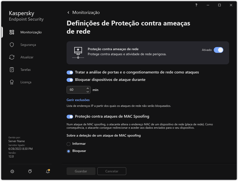 Janela de definições da Proteção contra ameaças de Rede