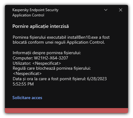 Notificare despre pornirea aplicației blocate. Utilizatorul poate crea o solicitare de lansare a aplicației.