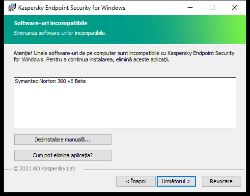 Fereastra de instalare care conține o listă de software-uri incompatibile. Utilizatorul poate lansa eliminarea software-ului incompatibil.