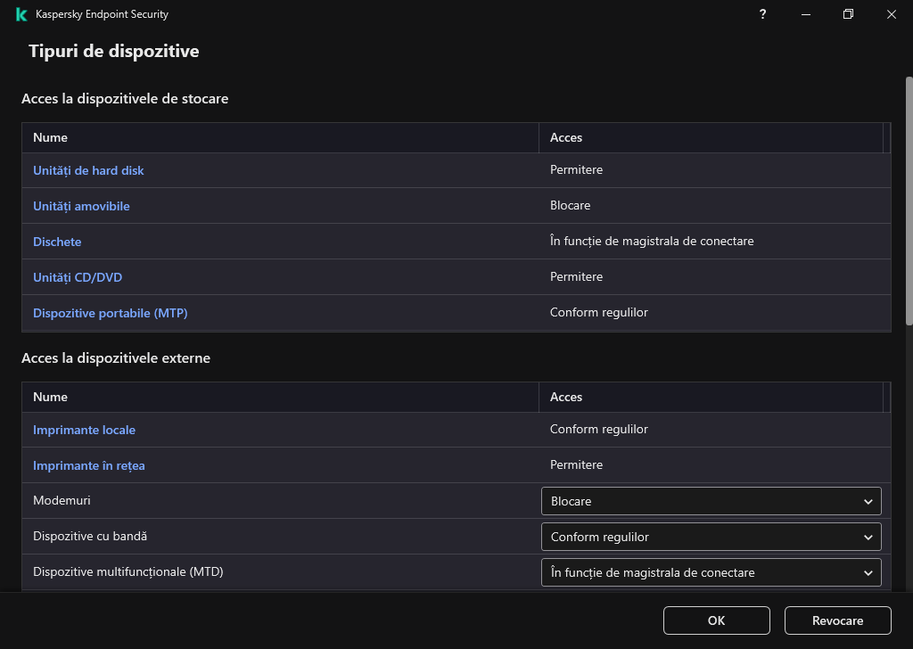 Fereastra pentru configurarea accesului la dispozitive. Utilizatorul poate configura accesul la dispozitive și poate seta parametri de acces suplimentari, cum ar fi planificarea accesului.