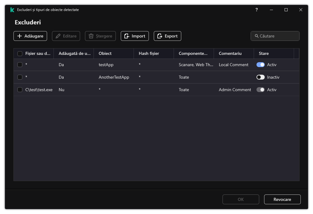 O fereastră cu lista de excluderi. Sunt afișate proprietățile excluderii. Utilizatorul poate adăuga, edita sau șterge excluderi.